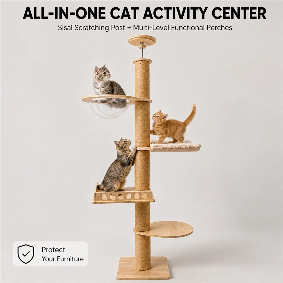 All-in-One Wooden Cat Tower With Capsule factory